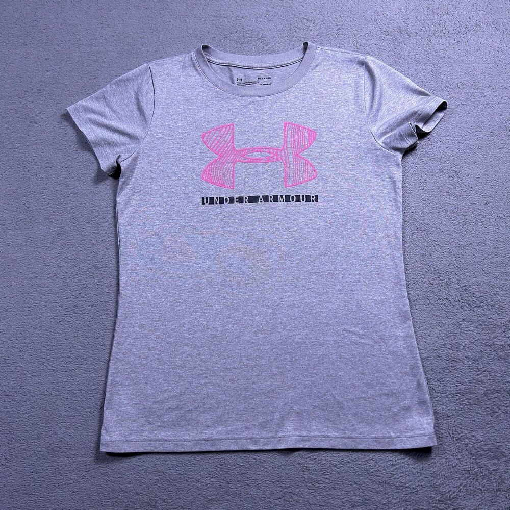 Under Armour T-Shirt Women's Small Gray Heather Pink Big Logo HeatGear Casual